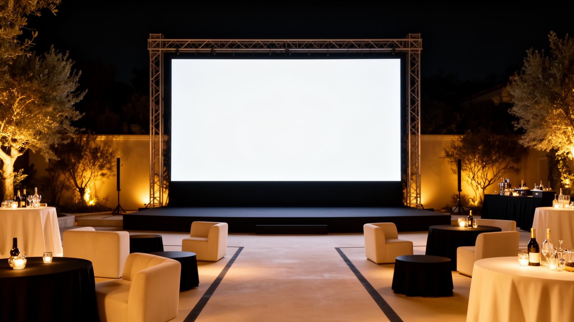 Outdoor cinematic LED screen setup at an elegant evening event