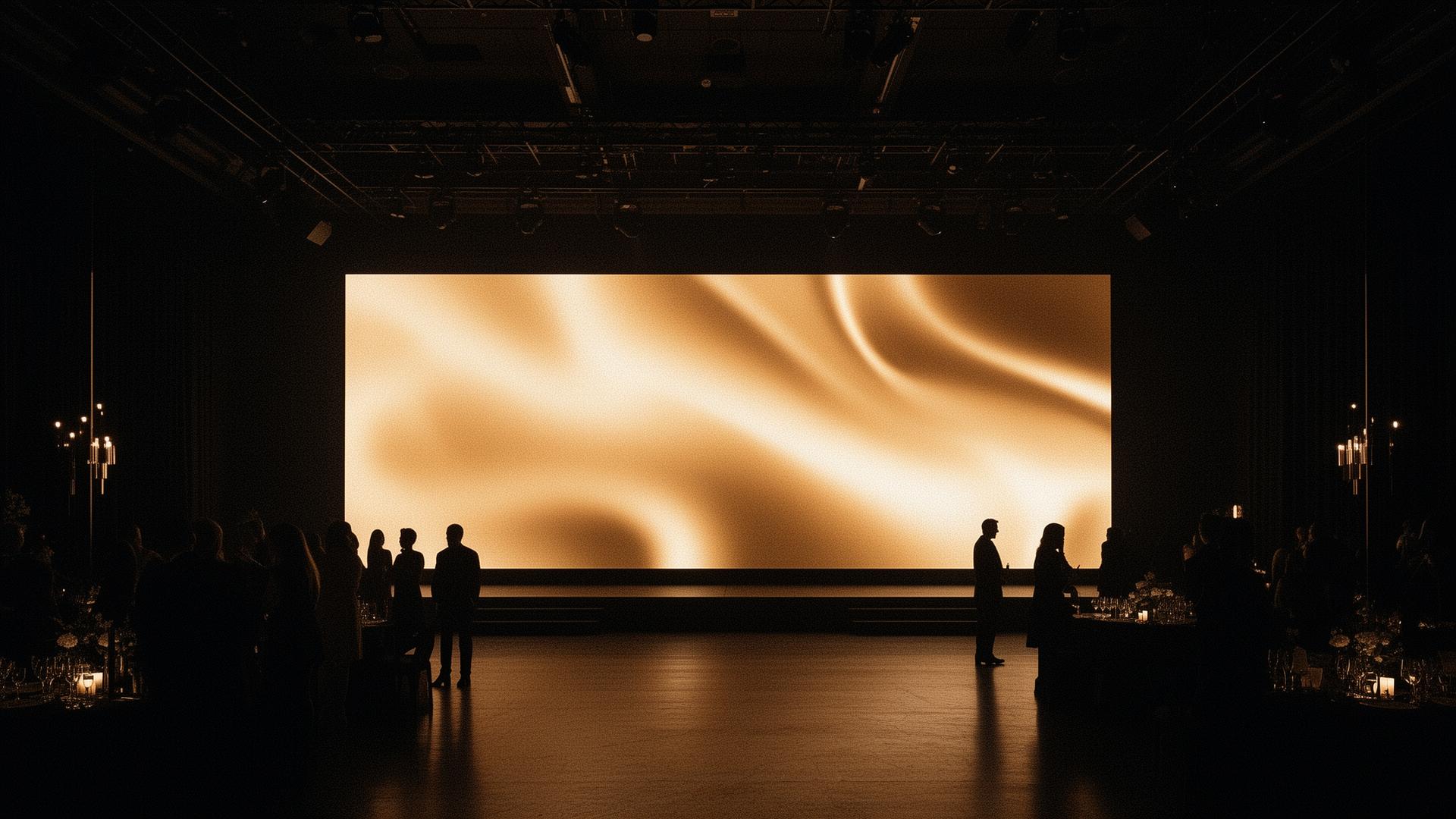 Cinematic LED wall glowing in an elegant event space